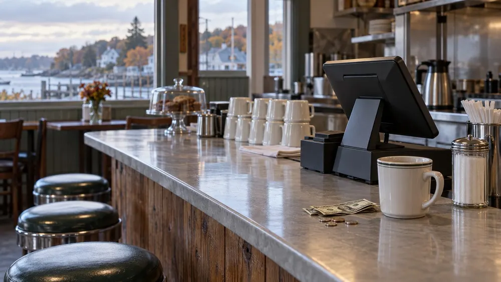 An unbranded point-of-sale terminal on a quiet Maine cafe counter in autumn light.