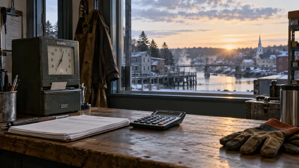 Illustrative Maine workplace at dawn with a time clock, payroll papers, calculator and work gloves.