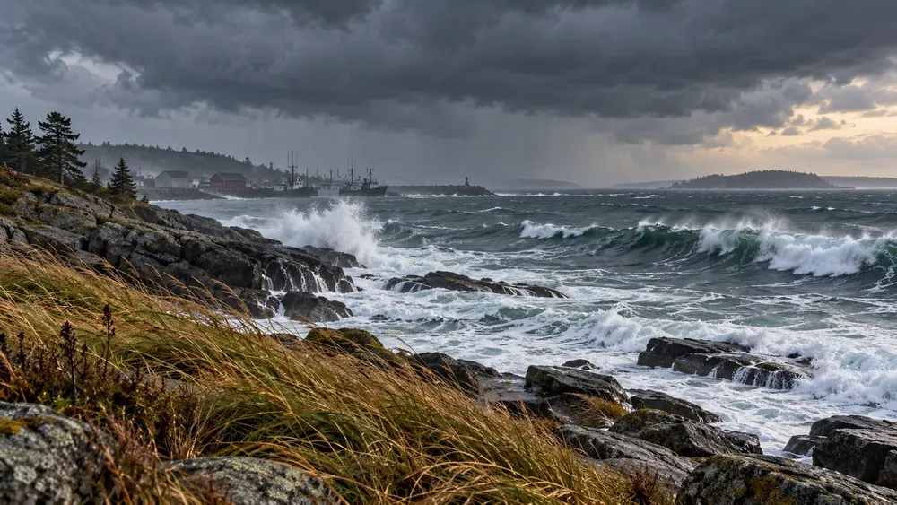 Conceptual storm waves approaching a rocky Maine coast beneath dark autumn clouds