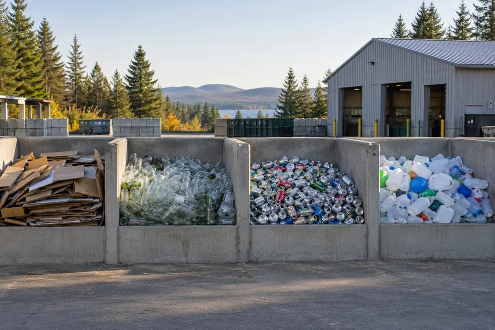 Sorted cardboard, glass, cans and plastic at an unbranded municipal recycling facility