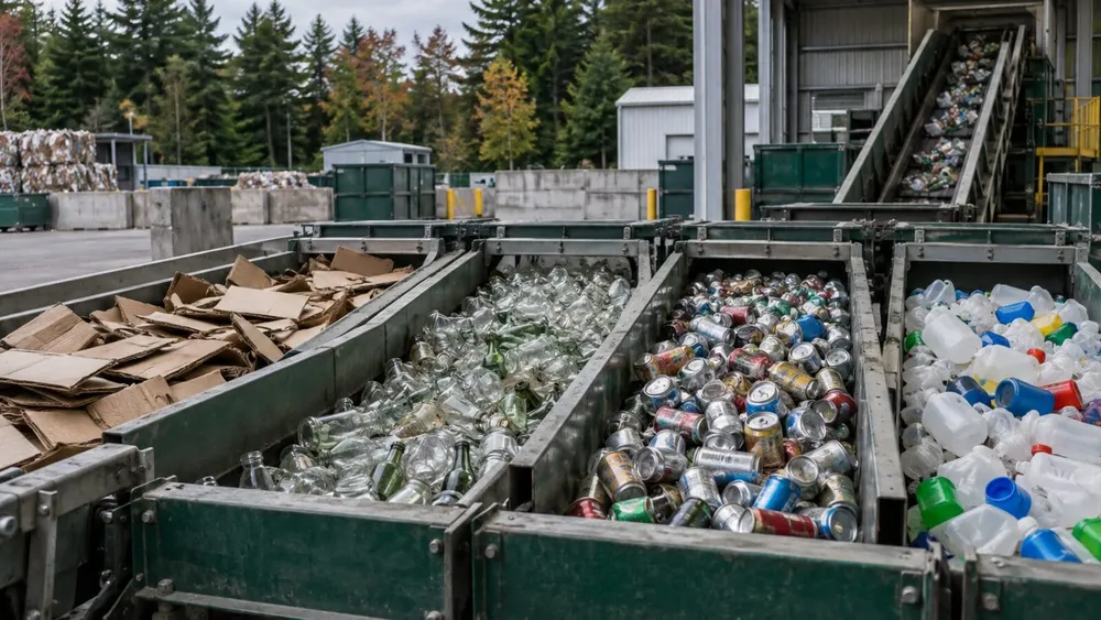 Sorted cardboard, glass, metal cans and plastic containers at an unbranded municipal recycling facility in Maine