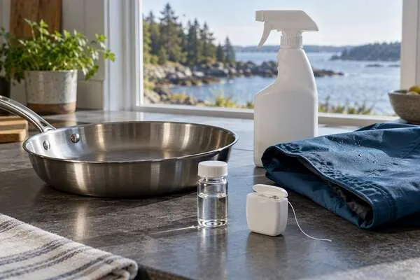 Unbranded cookware, a cleaning bottle, outdoor fabric and dental floss arranged for a consumer-product inspection.