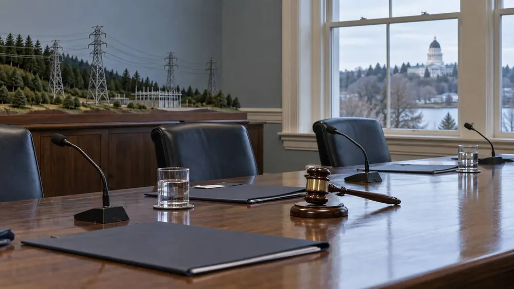 Conceptual view of an empty utility commission hearing room with transmission infrastructure in the background.