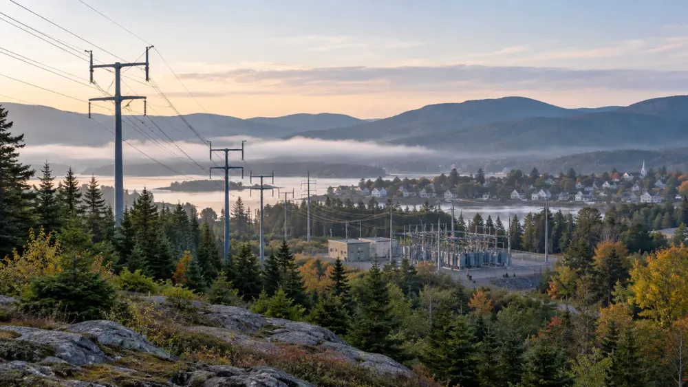 Power lines and a substation crossing a wooded Maine landscape at dawn