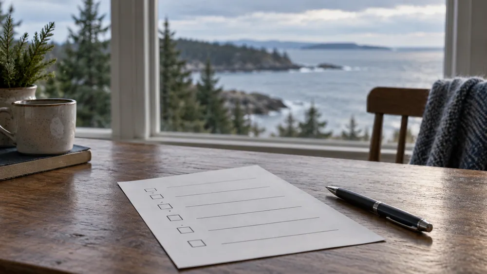 An unmarked ballot and pen beside a window overlooking Maine coastal evergreens
