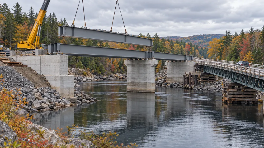 Editorial illustration of steel bridge girders being placed over a Maine river beside a temporary bridge in autumn