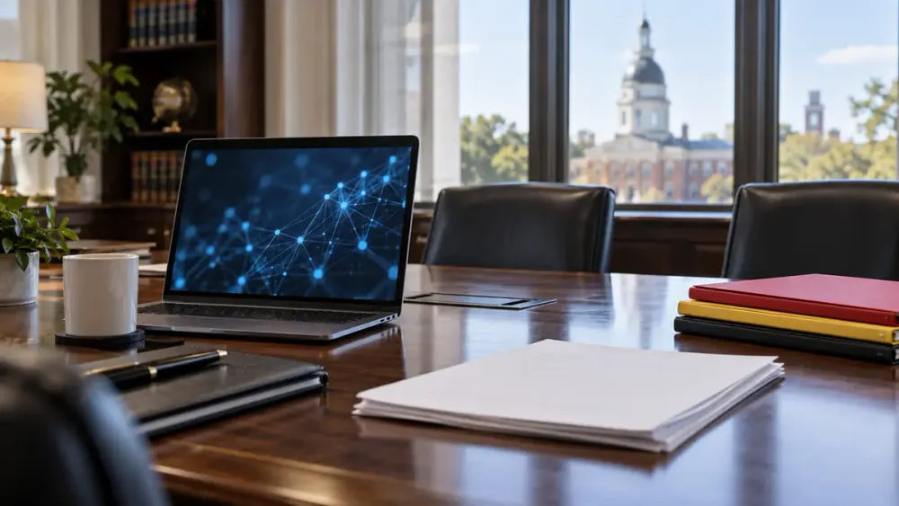 Illustrative Maryland government conference table with a laptop showing an abstract artificial-intelligence network.