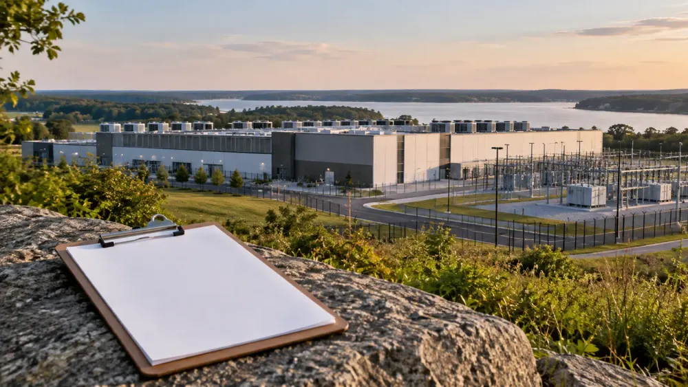 Illustrative view of an anonymous data center and electrical equipment near the Chesapeake landscape, with a blank review clipboard in the foreground.
