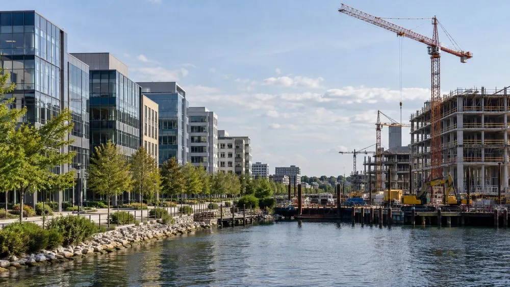 A generic Maryland waterfront business corridor with offices and commercial construction under neutral daylight.