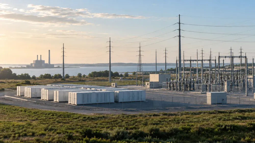 Unbranded battery storage and electrical substation infrastructure near a Maryland-style shoreline