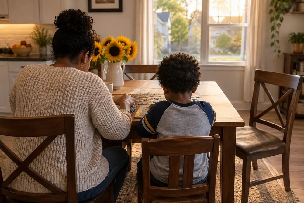 Editorial illustration of an adult caregiver and child completing a puzzle together at a kitchen table