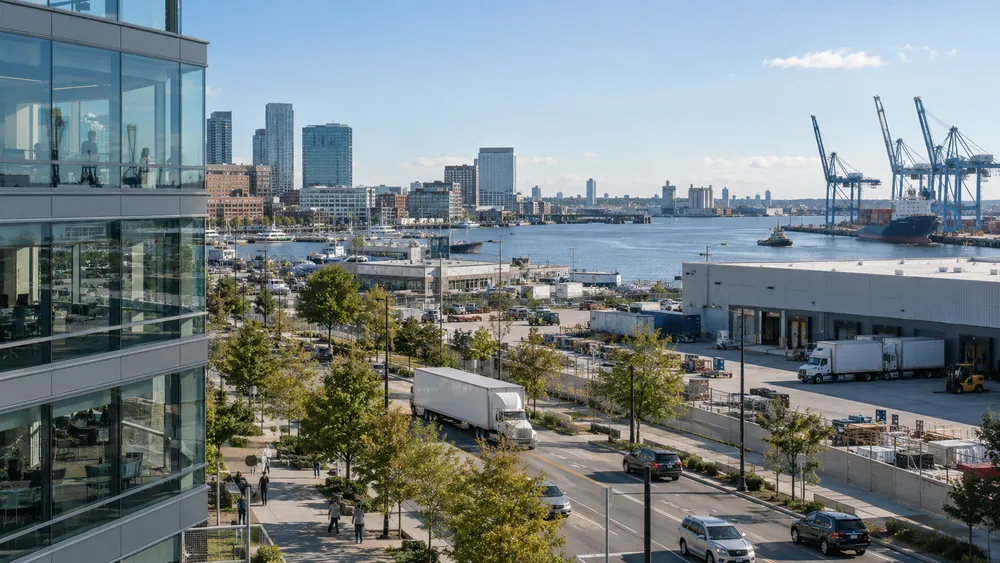 Office buildings and working port infrastructure beside a Maryland waterfront