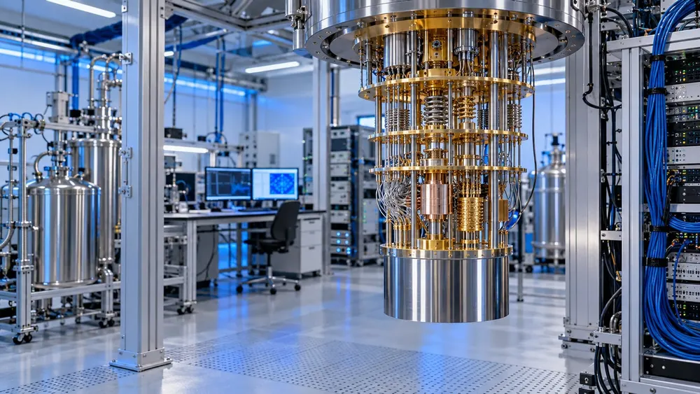 Conceptual unbranded quantum-computing apparatus inside a modern Maryland research laboratory