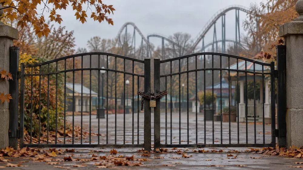 Conceptual locked amusement-park gates with an unbranded roller-coaster silhouette beyond them on an overcast autumn morning