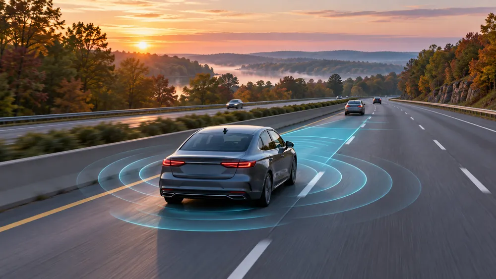 Conceptual editorial image of a car using intelligent speed-assistance technology on a Maryland highway