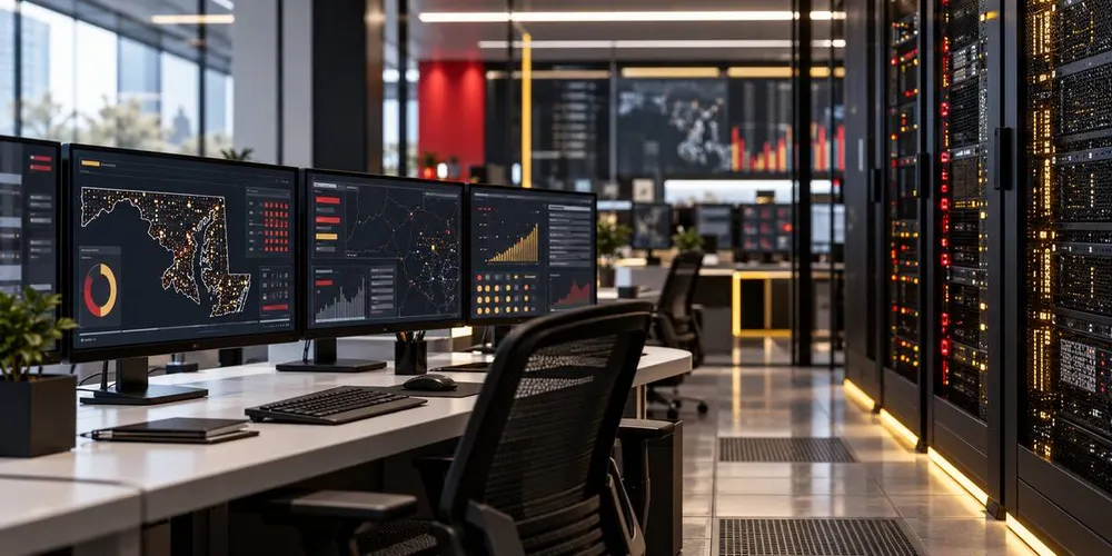 An illustrative modern technology operations room with computer workstations and server racks representing Maryland's tax-system migration.