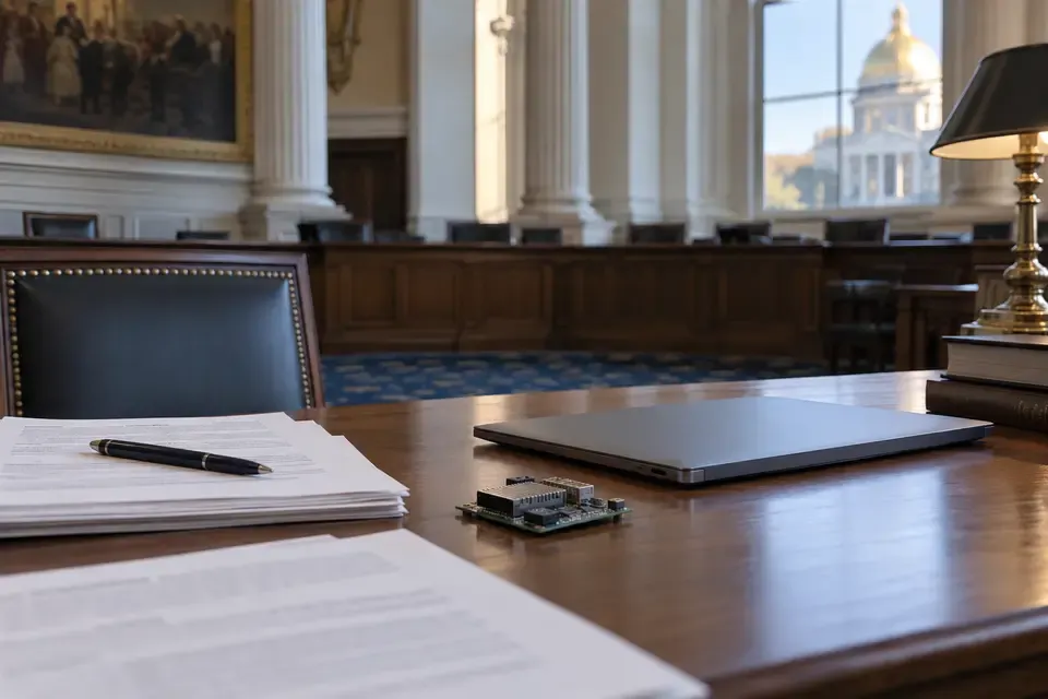 Closed laptop, policy papers and a circuit board on a desk in a stately government hearing room