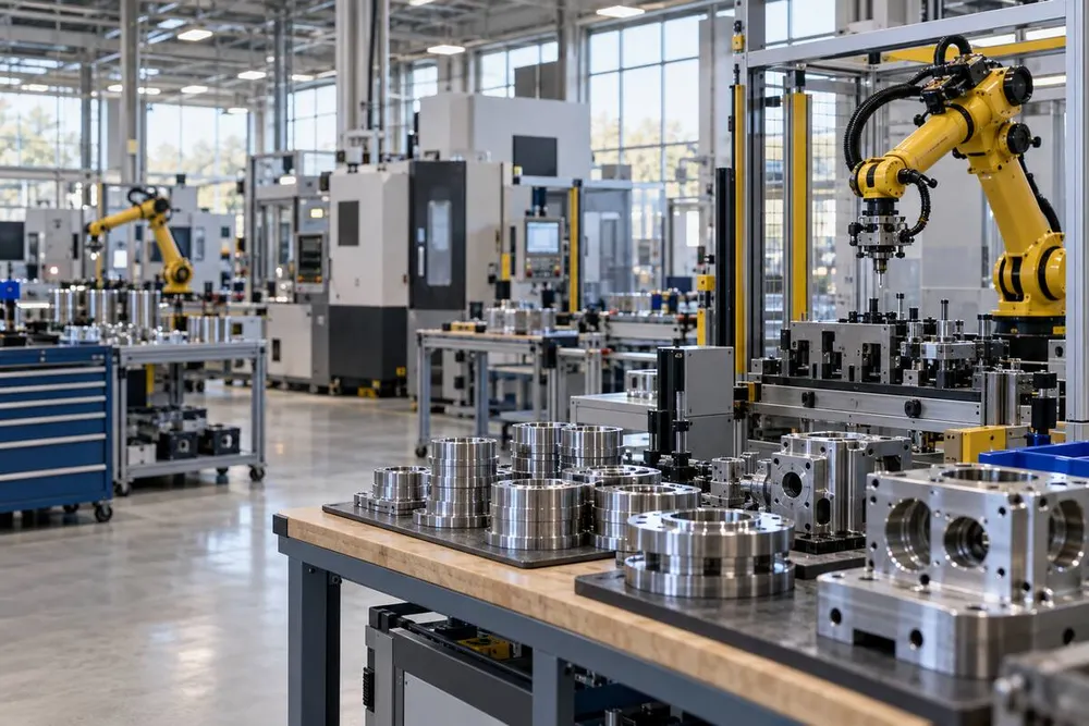 Robotic arms and precision metal components inside a modern advanced-manufacturing facility.