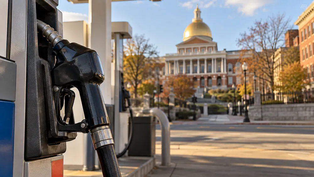 Conceptual editorial image of a fuel nozzle with the Massachusetts State House in the distance.