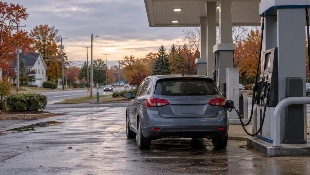 A compact car refuels at a generic Massachusetts gas station on a damp autumn morning.
