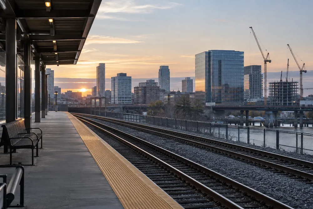 Empty commuter rail platform overlooking a generic Massachusetts city skyline and construction cranes at dawn.