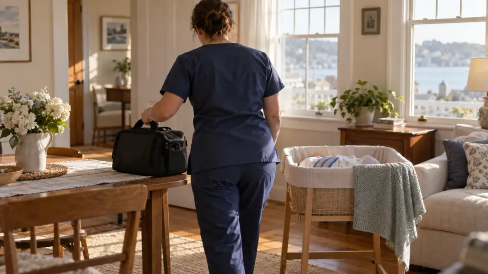 A visiting nurse approaches a newborn bassinet in a sunlit Massachusetts home.