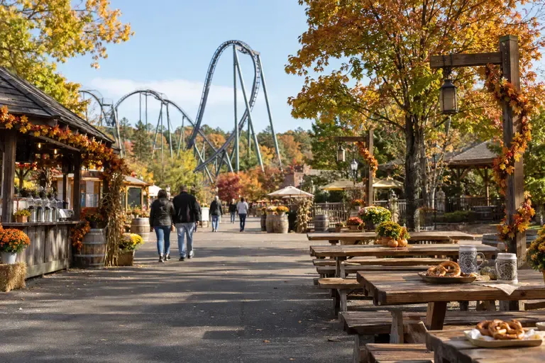 Conceptual autumn amusement park midway with picnic tables, pretzels and a generic roller coaster in the background.