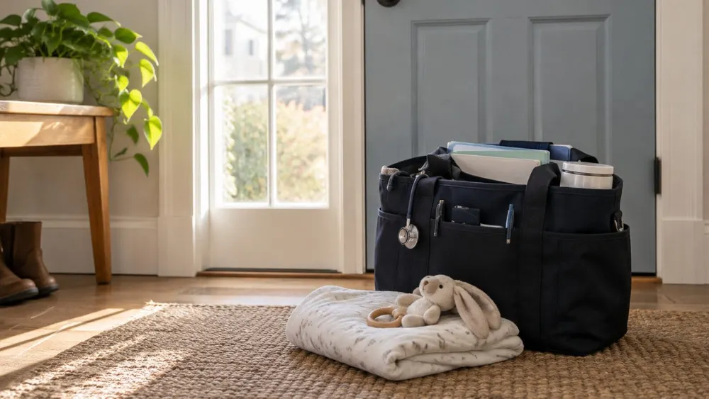 Nurse home-visit bag beside an infant blanket near a front door in soft morning light