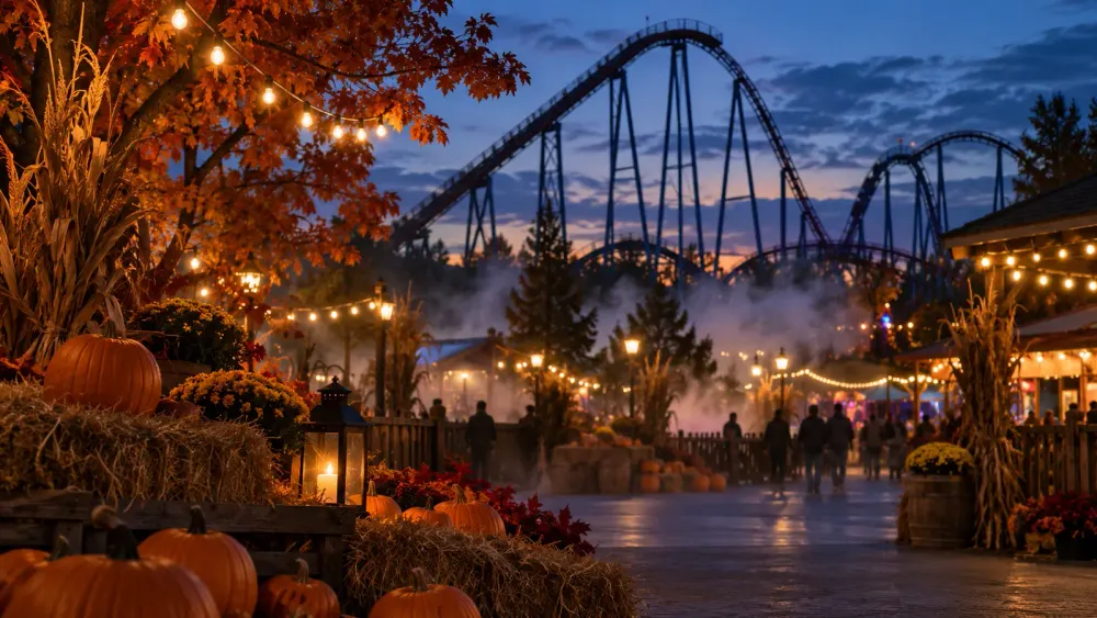 Conceptual autumn amusement park midway at dusk with pumpkins, warm lights and a roller coaster silhouette