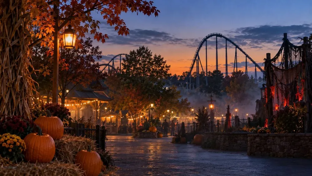 Conceptual autumn amusement park at twilight with pumpkins, fall foliage and a roller coaster silhouette.