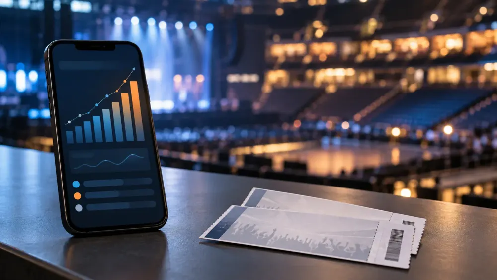 Generic event tickets and a smartphone displaying abstract resale-price graphics inside an arena.