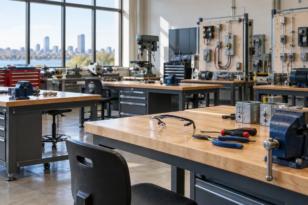 An empty technical training classroom with workbenches, tools and electrical equipment.