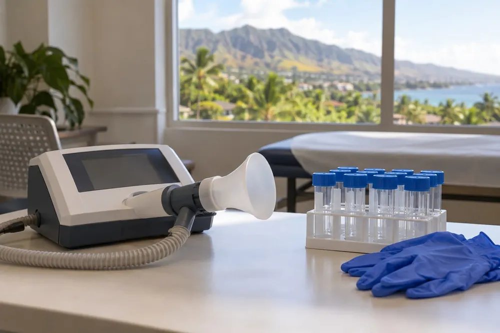 Spirometry equipment and sealed laboratory sample vials in a Maui community health screening room