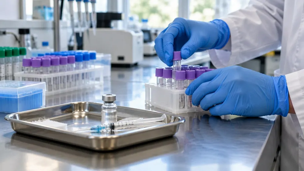 A public-health laboratory professional organizes specimen tubes beside an unlabeled vaccine vial and capped syringe.