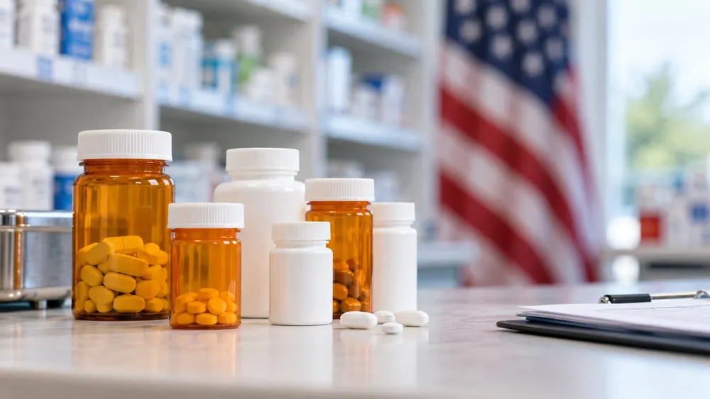 Unbranded prescription bottles and tablets on a pharmacy counter with a blurred American flag in the background.
