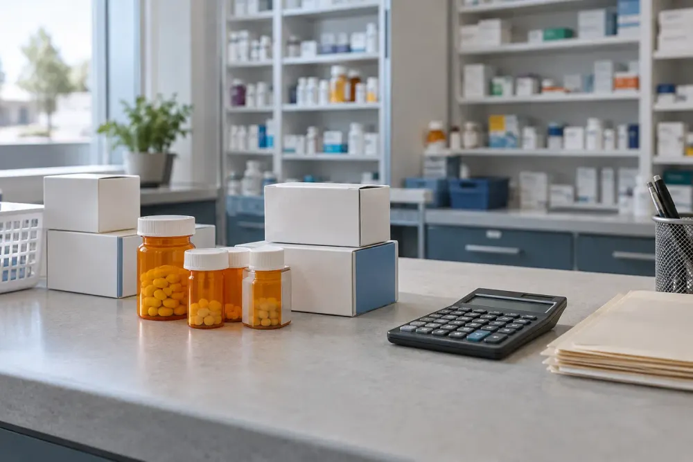 Unbranded prescription bottles, plain medicine cartons and a calculator on a pharmacy counter.