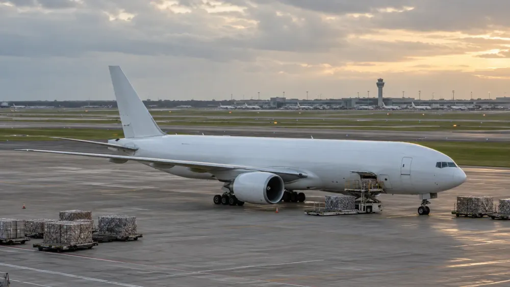 An unbranded cargo jet stands on a generic airport apron beside a runway