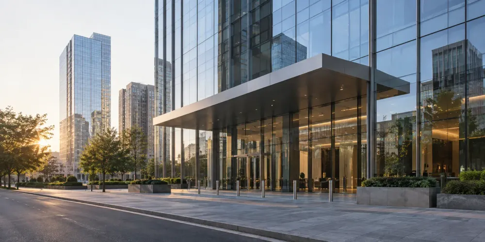 An unbranded glass office building in a U.S. business district at sunrise