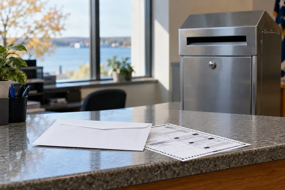 Plain absentee ballot and envelope beside a secure drop box in a Michigan municipal office