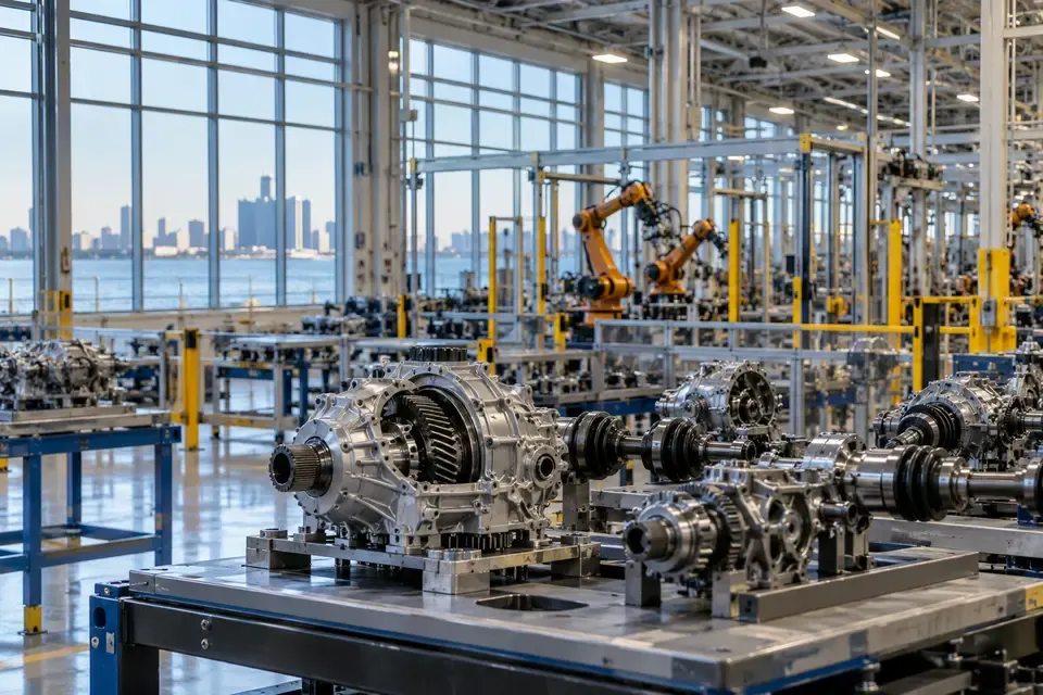 Precision automotive driveline components arranged inside a modern automated factory near a Great Lakes waterfront