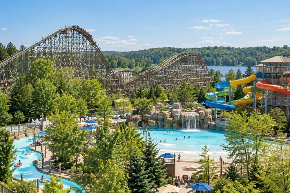 AI-generated illustrative view of a wooded amusement park with wooden roller coasters and colorful water slides.