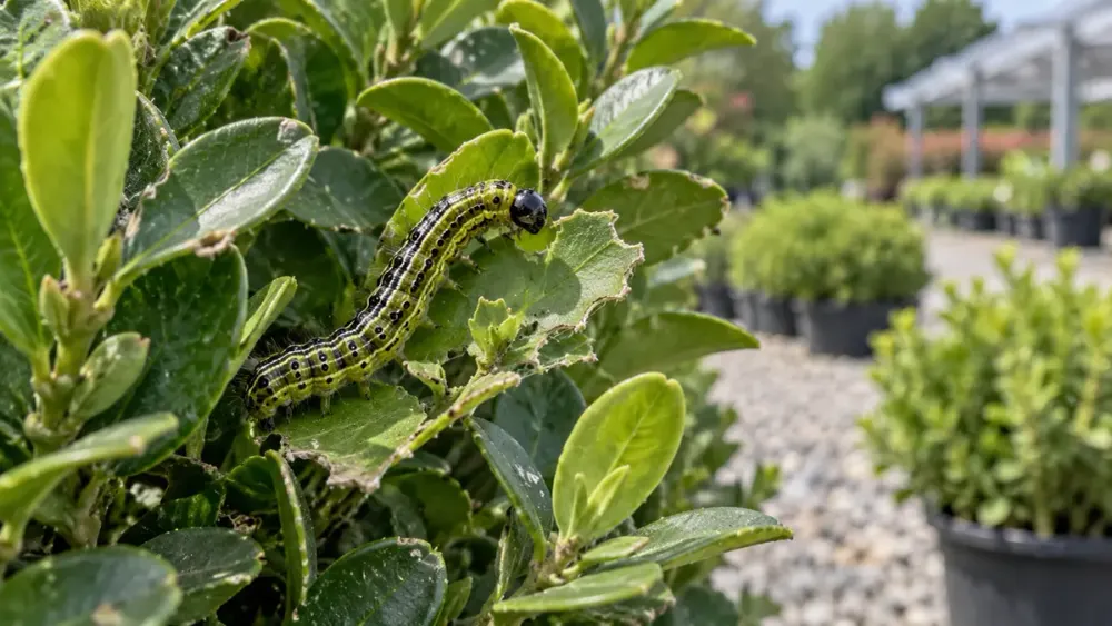 A box tree moth caterpillar feeds on damaged boxwood leaves at a plant nursery.