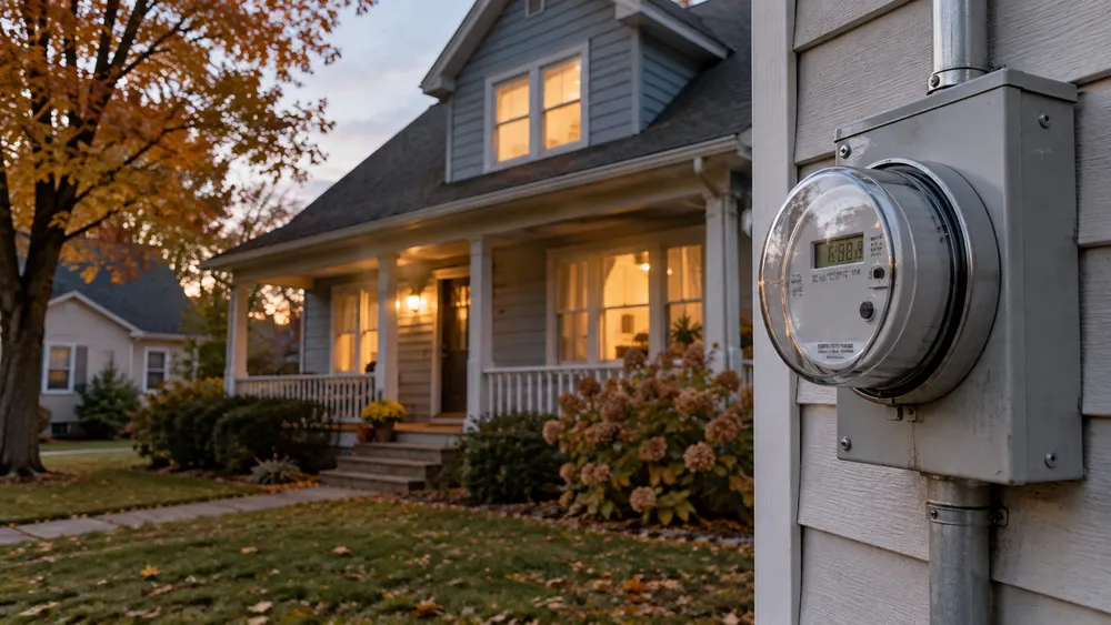 Electric meter beside a warmly lit Michigan home in early autumn