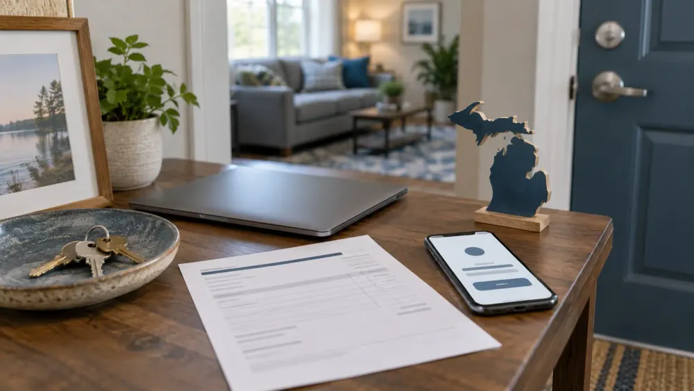 A tenant reviewing a rent payment screen and paper check options at a kitchen table