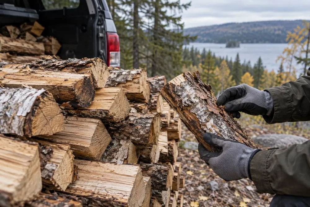 Gloved hands inspect split firewood beside a vehicle at the edge of a northern forest.