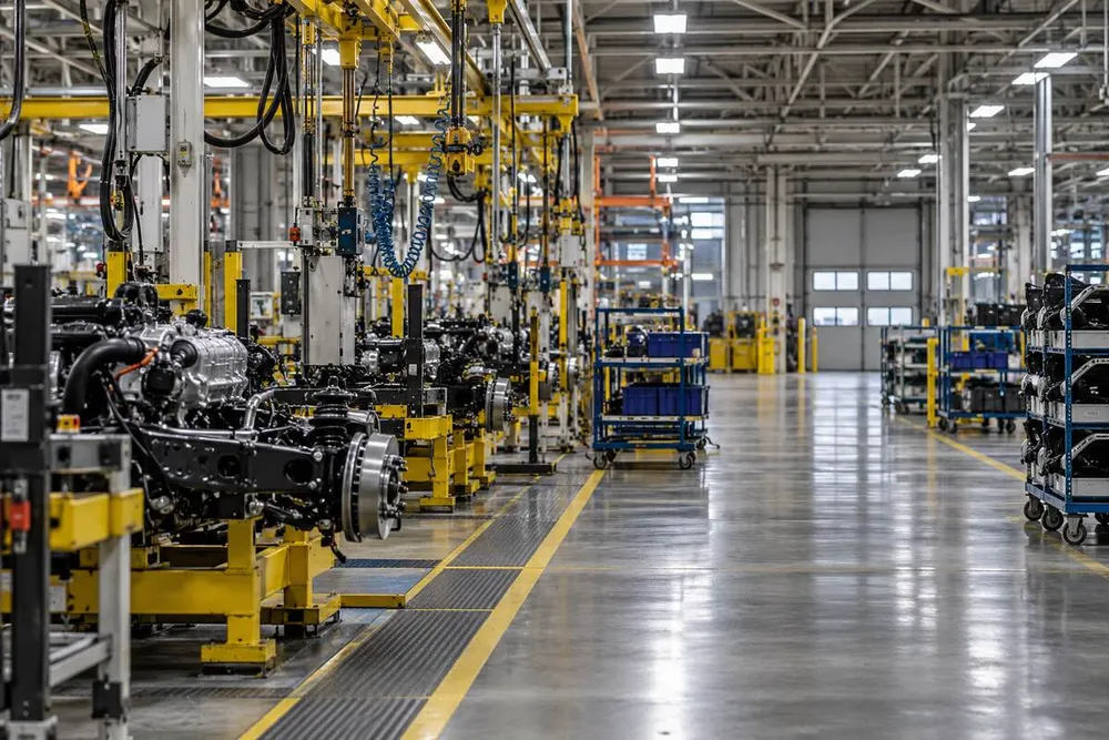 A quiet automotive manufacturing floor with assembly stations and industrial equipment.