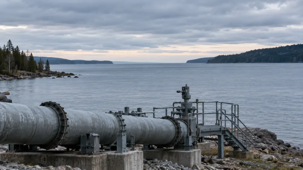 Generic pipeline infrastructure beside a broad Great Lakes strait under an overcast sky