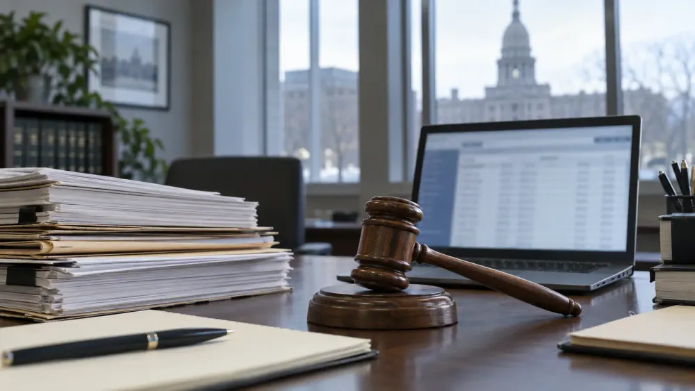 Conceptual government records desk with legal files, a gavel and a blurred database screen