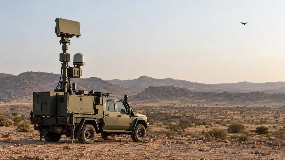 Unmarked mobile counter-drone radar vehicle tracking a small training drone over desert terrain
