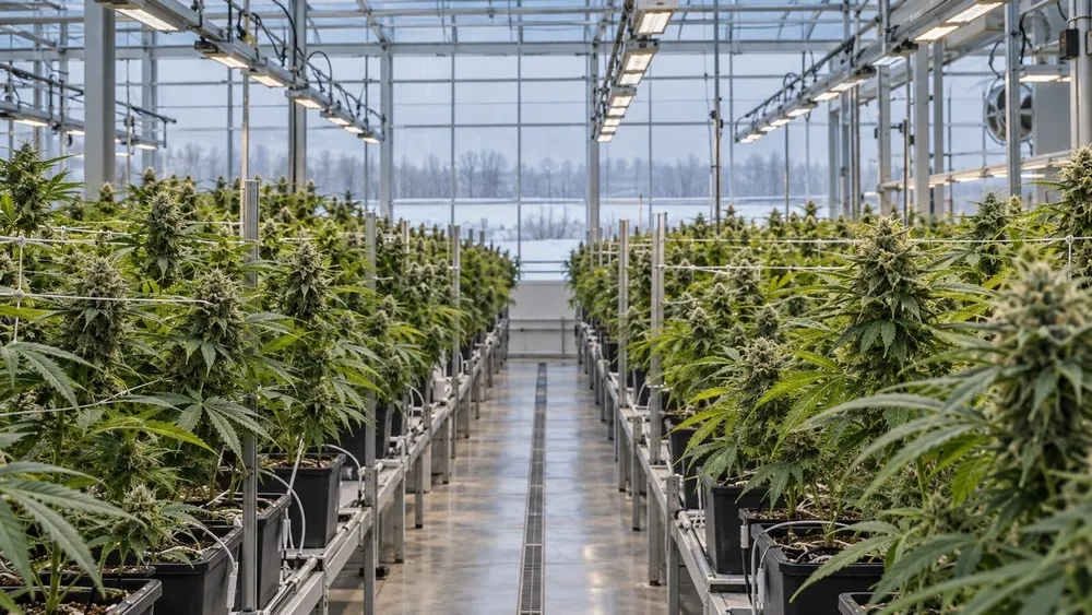Rows of cannabis plants growing inside a modern greenhouse with winter landscape visible through the glass.